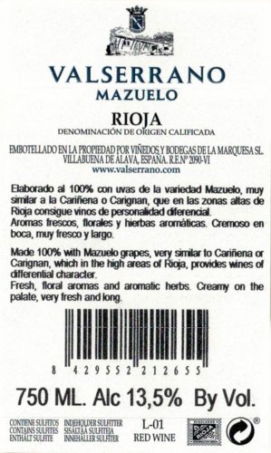 Viñedos y Bodegas de la Marquesa - Valserrano Mazuelo 2016, zadní etiketa