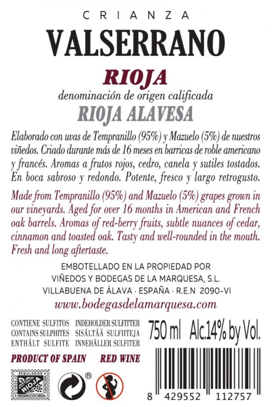 Viñedos y Bodegas de la Marquesa - Valserrano Crianza, zadní etiketa