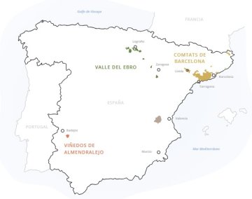 Mapka oblastí DO Cava, Španělsko