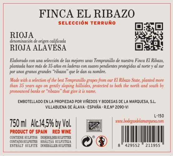 Viñedos y Bodegas de la Marquesa - Finca El Ribazo 2017, zadní etiketa