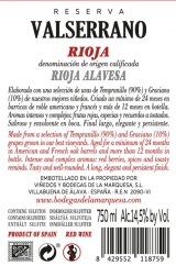 Viñedos y Bodegas de la Marquesa - Valserrano Reserva, zadní etiketa Viñedos y Bodegas de la Marquesa - Valserrano Reserva, zadní etiketa