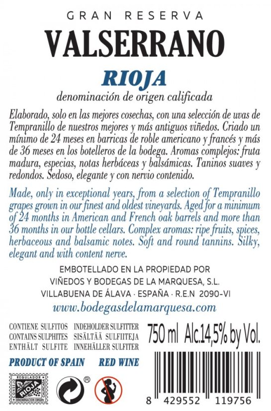 Viñedos y Bodegas de la Marquesa - Valserrano Gran Reserva, zadní etiketa