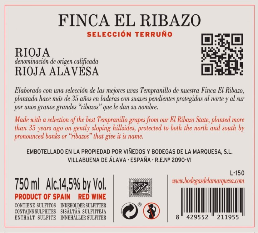 Viñedos y Bodegas de la Marquesa - Finca El Ribazo, zadní etiketa