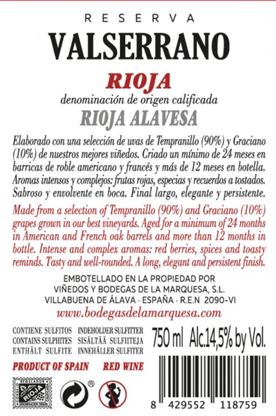 Viñedos y Bodegas de la Marquesa - Valserrano Reserva, zadní etiketa