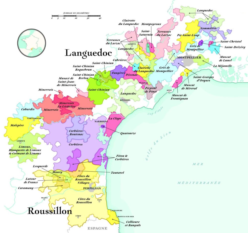Mapka vinařské oblasti Languedoc - Roussillon